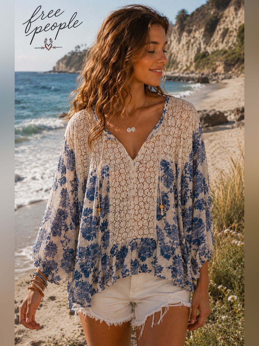 Free People Moon River Peasant Blouse Medium Blue Floral Lace Boho Tunic Top A2 - Picture 1 of 14